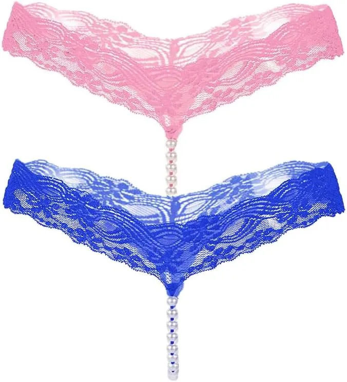 2 Pack Womens Pearls Mini Bikini G-String Thongs Peral Chain String Cute Lingerie T Pants Lace Thongs M-XXL