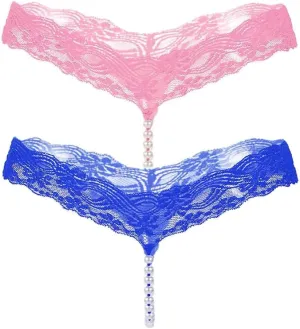 2 Pack Womens Pearls Mini Bikini G-String Thongs Peral Chain String Cute Lingerie T Pants Lace Thongs M-XXL
