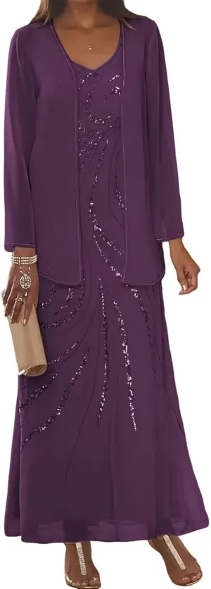2 Pieces Sequin Chiffon Mother of The Bride Dresses with Jacket Long Sleeves Formal Evening Dress for Women 2025