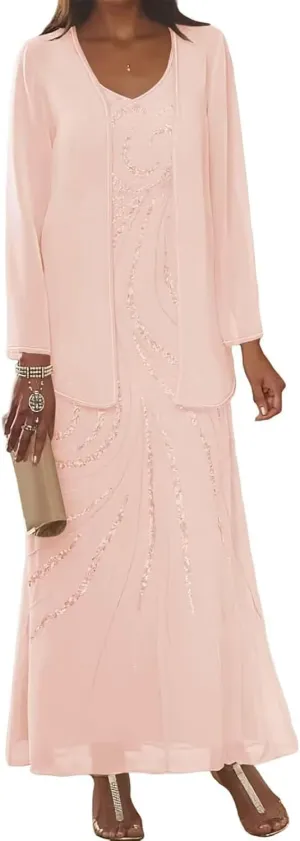 2 Pieces Sequin Chiffon Mother of The Bride Dresses with Jacket Long Sleeves Formal Evening Dress for Women 2025