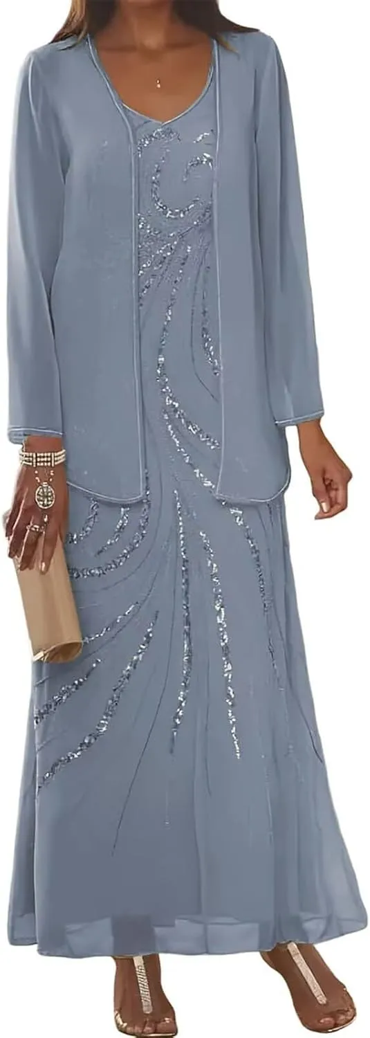 2 Pieces Sequin Chiffon Mother of The Bride Dresses with Jacket Long Sleeves Formal Evening Dress for Women 2025
