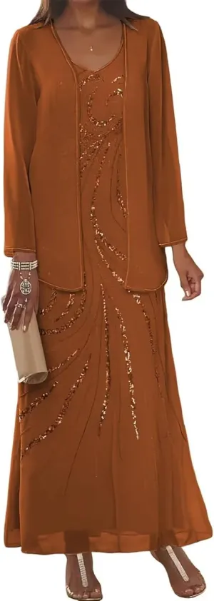 2 Pieces Sequin Chiffon Mother of The Bride Dresses with Jacket Long Sleeves Formal Evening Dress for Women 2025
