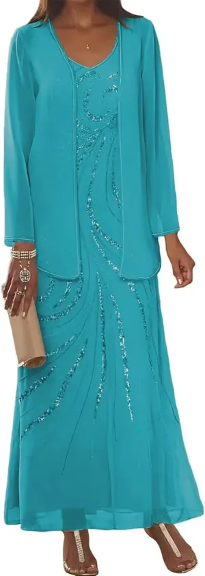 2 Pieces Sequin Chiffon Mother of The Bride Dresses with Jacket Long Sleeves Formal Evening Dress for Women 2025