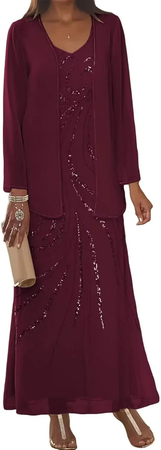 2 Pieces Sequin Chiffon Mother of The Bride Dresses with Jacket Long Sleeves Formal Evening Dress for Women 2025