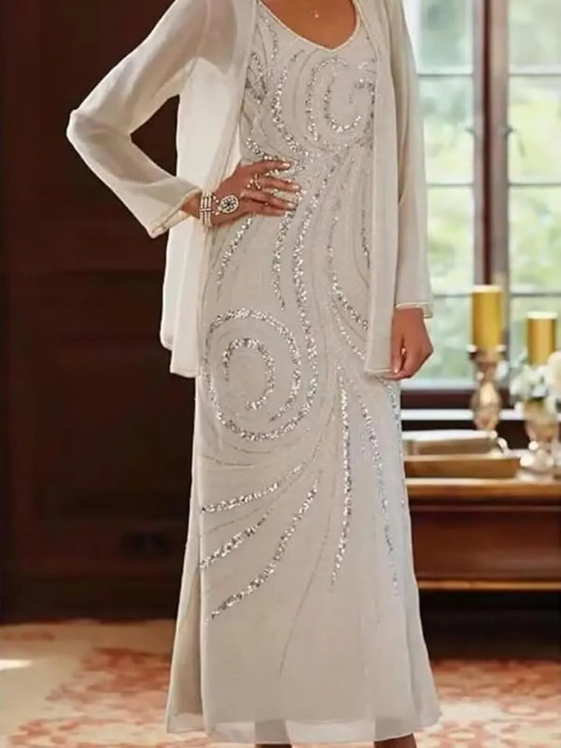 2 Pieces Sequin Chiffon Mother of The Bride Dresses with Jacket Long Sleeves Formal Evening Dress for Women 2025