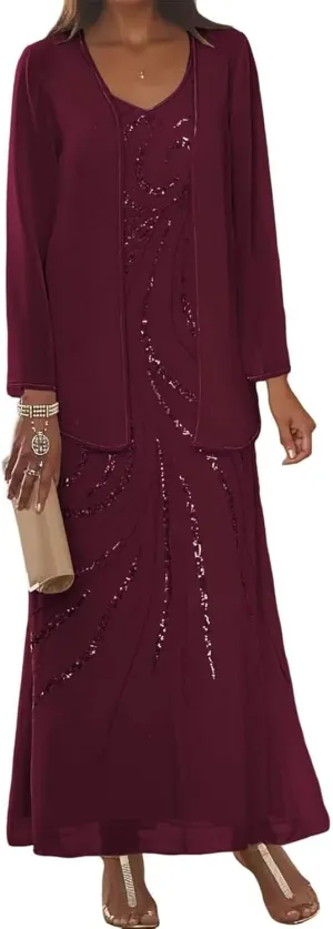 2 Pieces Sequin Chiffon Mother of The Bride Dresses with Jacket Long Sleeves Formal Evening Dress for Women 2025