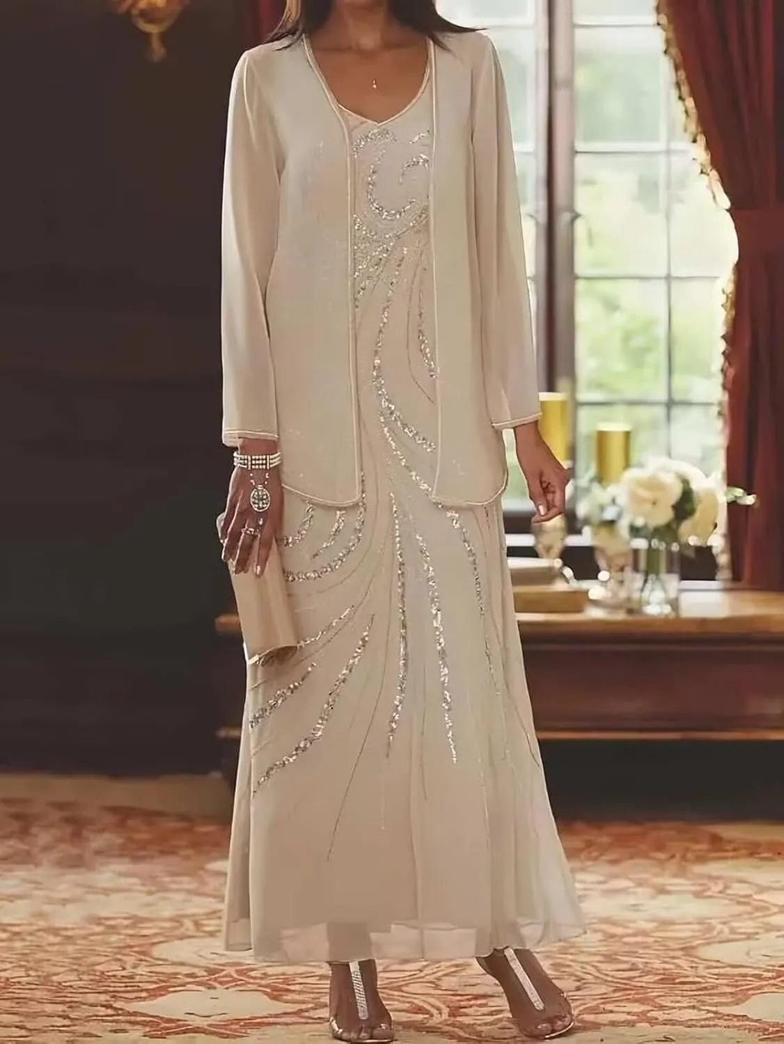 2 Pieces Sequin Chiffon Mother of The Bride Dresses with Jacket Long Sleeves Formal Evening Dress for Women 2025