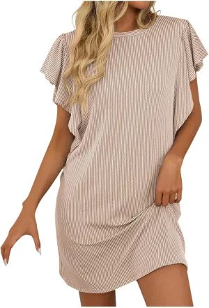 2025 Mini Dresses for Women Summer Casual Ruffle Short Sleeve Cute Crew Neck Flowy Dress Solid Color Loose Dress