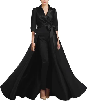3 Pieces Jumpsuit Elegant Mother of The Bride Dress for Wedding Satin 3/4 Sleeve Wedding Guest Dresses with Bow