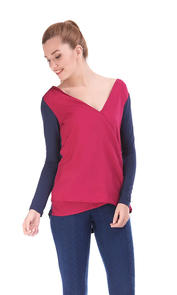 33699 Wrap Blouse Knit - Dark Pink & Navy Blue
