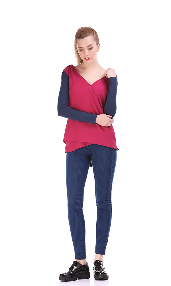 33699 Wrap Blouse Knit - Dark Pink & Navy Blue
