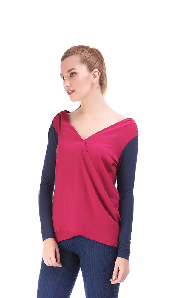 33699 Wrap Blouse Knit - Dark Pink & Navy Blue