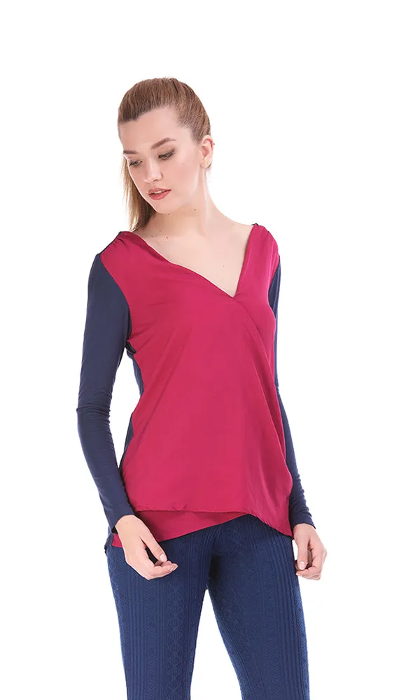 33699 Wrap Blouse Knit - Dark Pink & Navy Blue