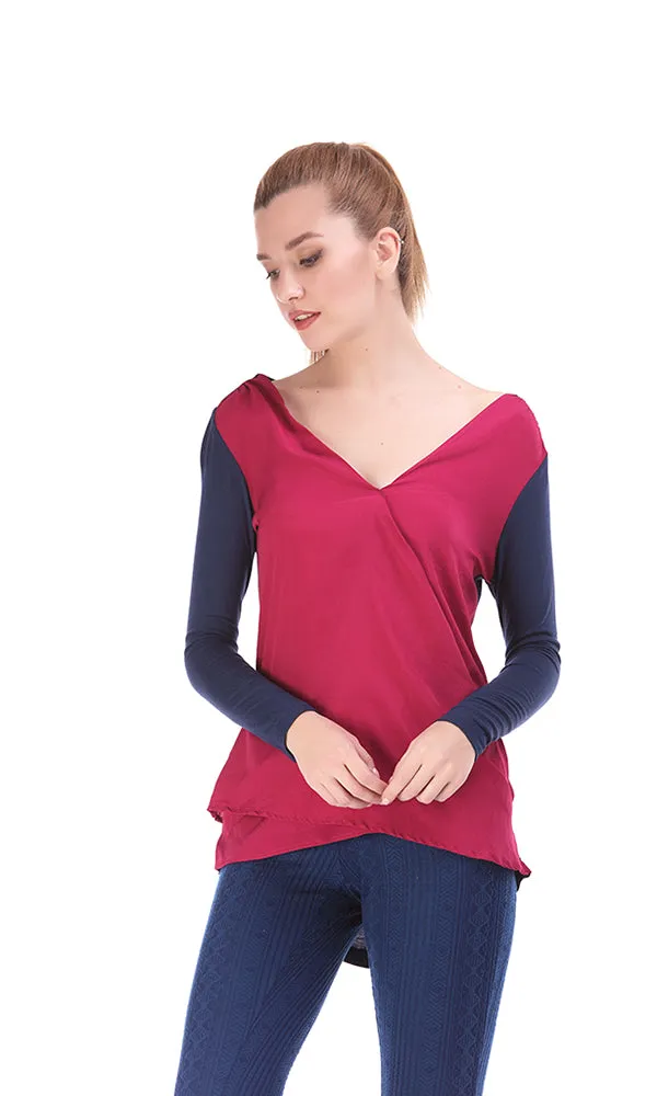 33699 Wrap Blouse Knit - Dark Pink & Navy Blue