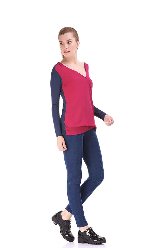 33699 Wrap Blouse Knit - Dark Pink & Navy Blue