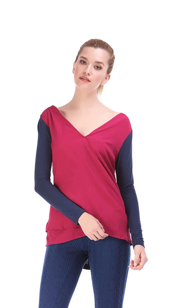 33699 Wrap Blouse Knit - Dark Pink & Navy Blue