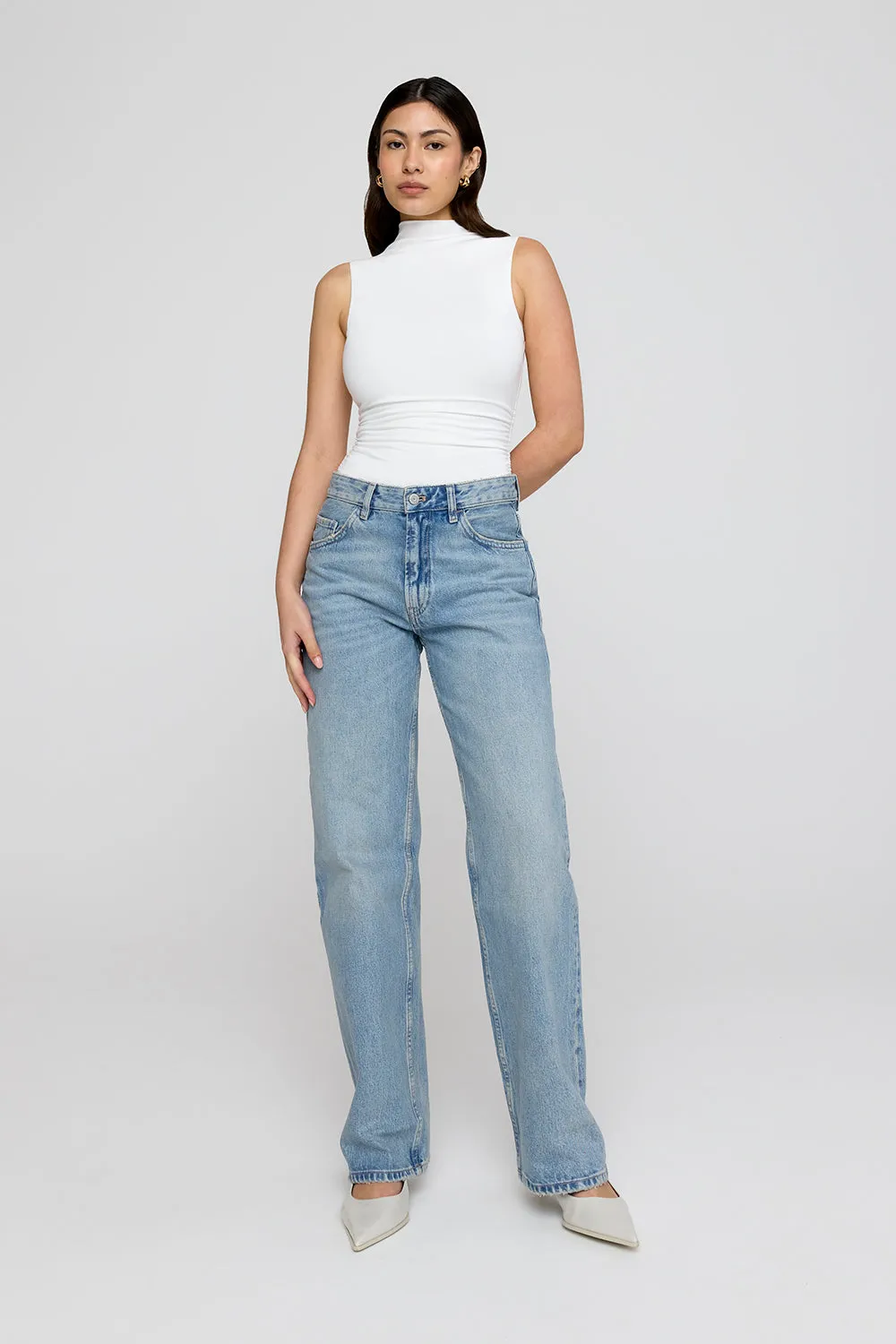 365 RUCHED SIDE MOCK NECK TOP - COCONUT MILK