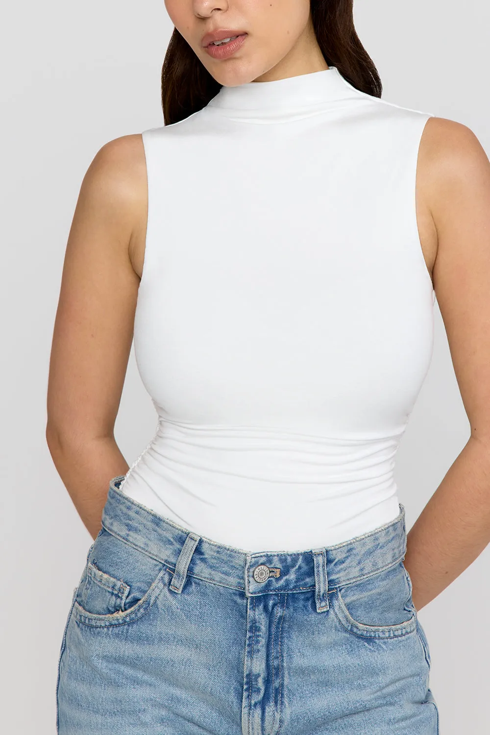 365 RUCHED SIDE MOCK NECK TOP - COCONUT MILK