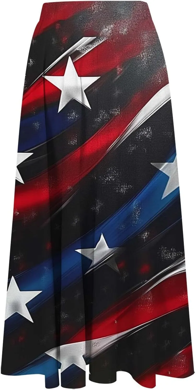 4th of July Patriotic Skirts for Women USA American Flag Stars Stripes Printed Elastic Waist Pleated A Line Midi Skirts