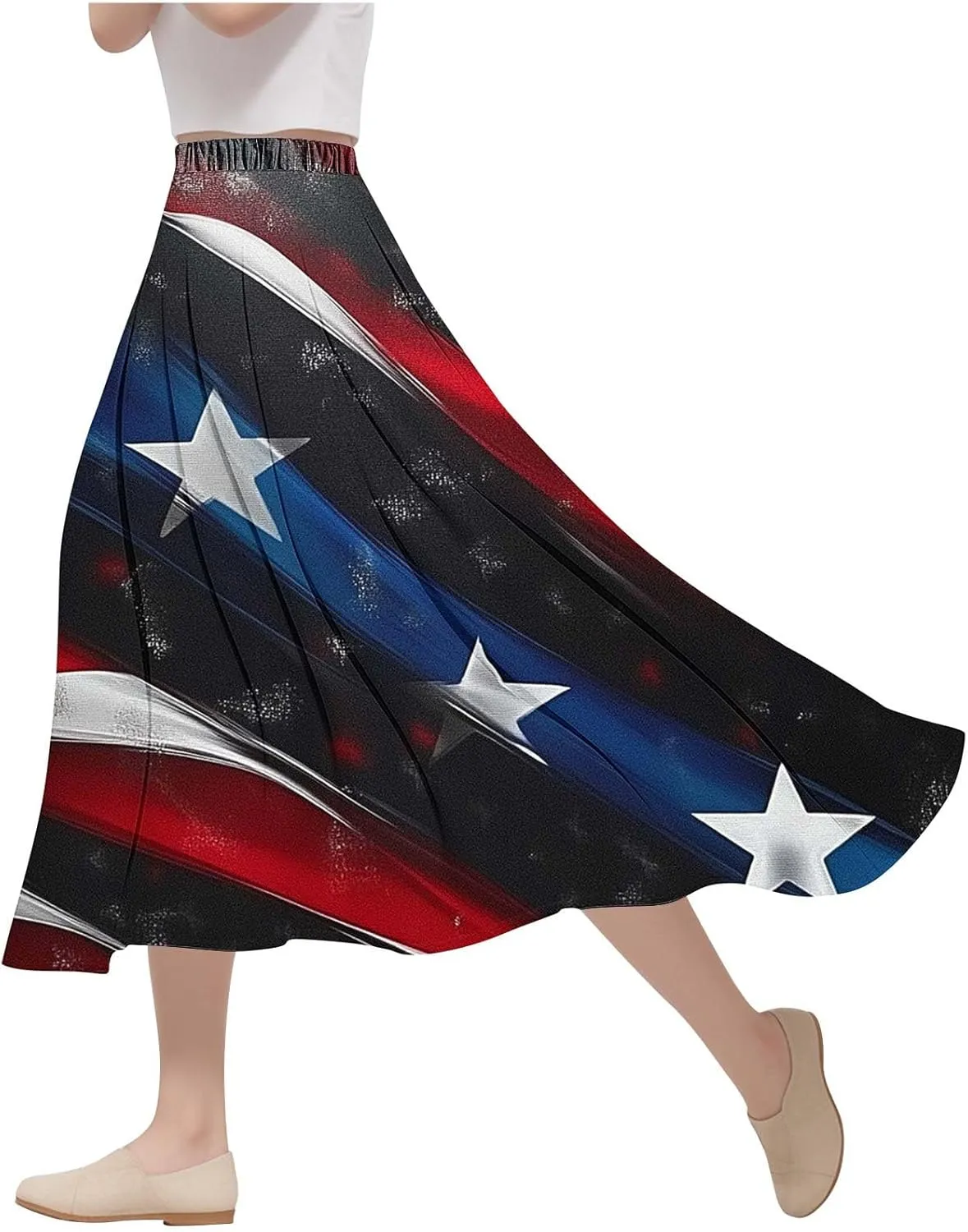 4th of July Patriotic Skirts for Women USA American Flag Stars Stripes Printed Elastic Waist Pleated A Line Midi Skirts