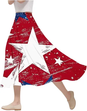 4th of July Patriotic Skirts for Women USA American Flag Stars Stripes Printed Elastic Waist Pleated A Line Midi Skirts