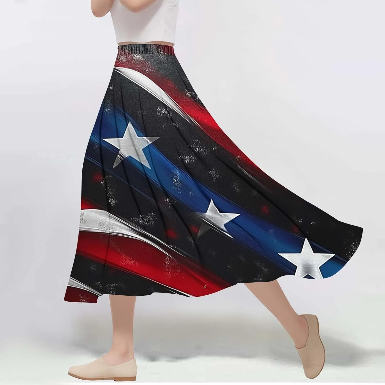 4th of July Patriotic Skirts for Women USA American Flag Stars Stripes Printed Elastic Waist Pleated A Line Midi Skirts