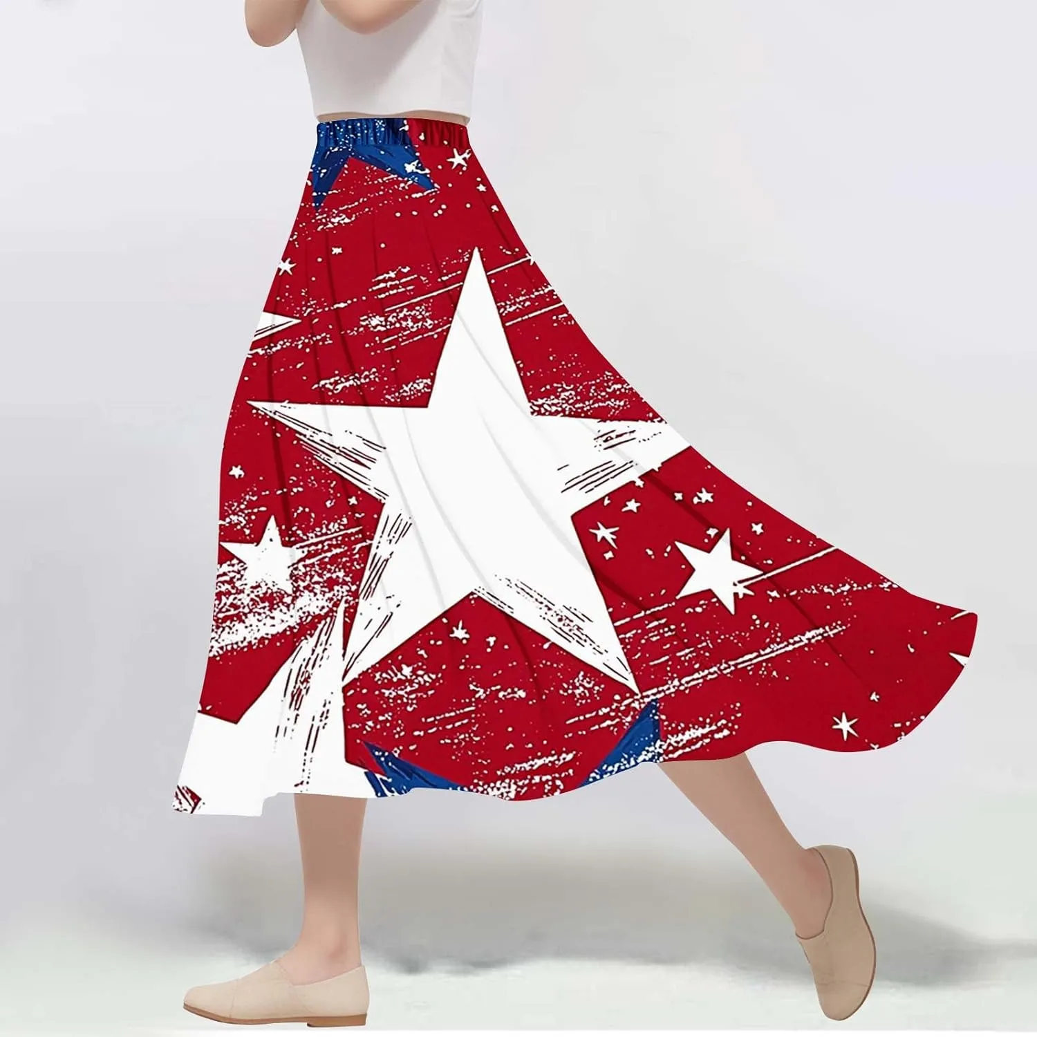 4th of July Patriotic Skirts for Women USA American Flag Stars Stripes Printed Elastic Waist Pleated A Line Midi Skirts