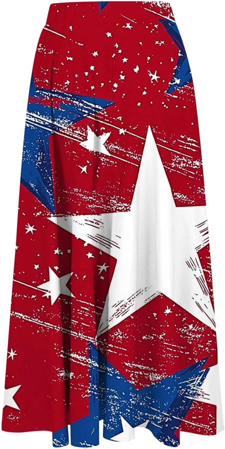 4th of July Patriotic Skirts for Women USA American Flag Stars Stripes Printed Elastic Waist Pleated A Line Midi Skirts