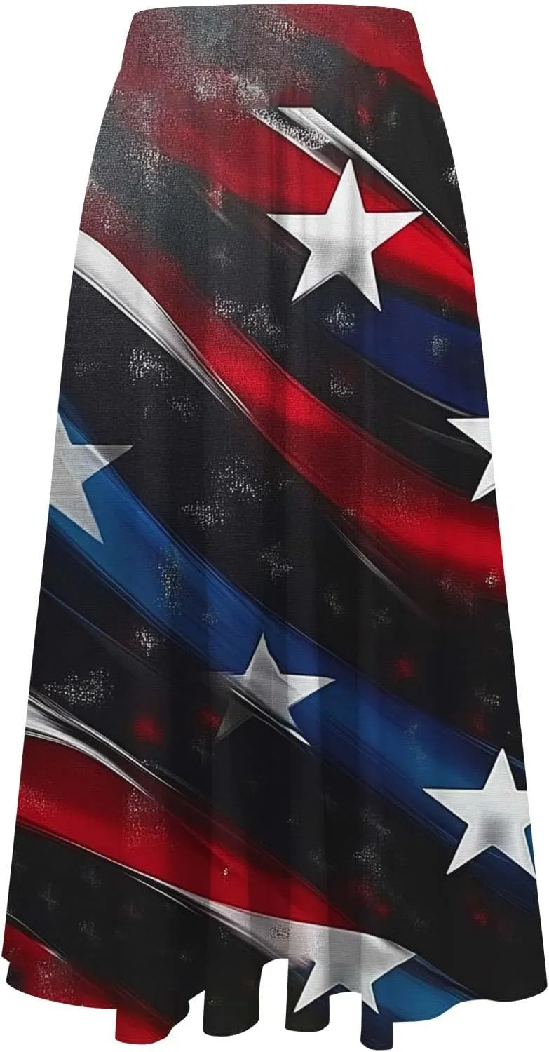 4th of July Patriotic Skirts for Women USA American Flag Stars Stripes Printed Elastic Waist Pleated A Line Midi Skirts