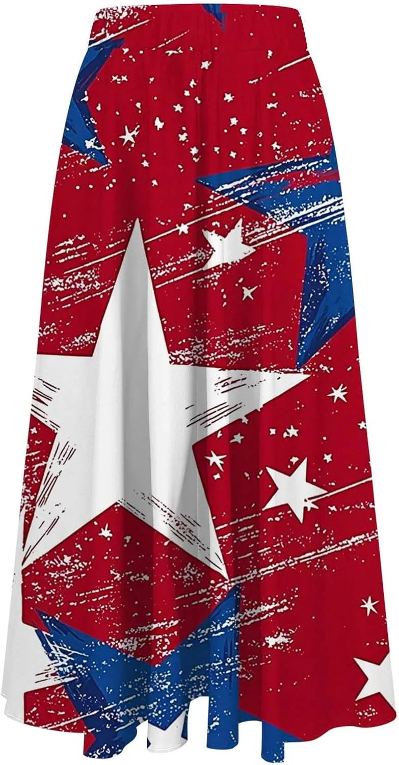 4th of July Patriotic Skirts for Women USA American Flag Stars Stripes Printed Elastic Waist Pleated A Line Midi Skirts
