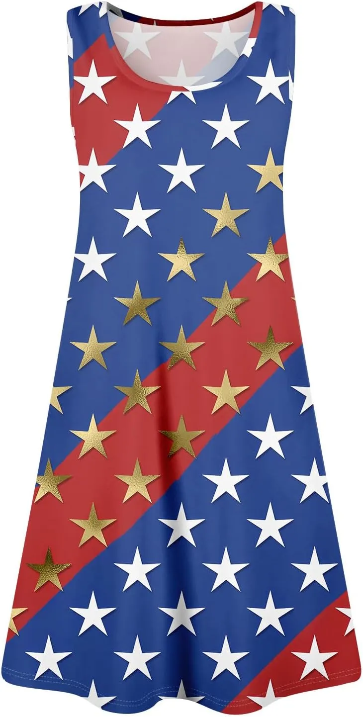 ADHOWBEW 4th of July Dresses for Women Sleeveless Sexy Memorial Days Patriotic O Neck American Flag Midi Dress with Pockets