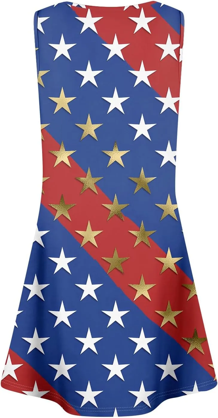 ADHOWBEW 4th of July Dresses for Women Sleeveless Sexy Memorial Days Patriotic O Neck American Flag Midi Dress with Pockets