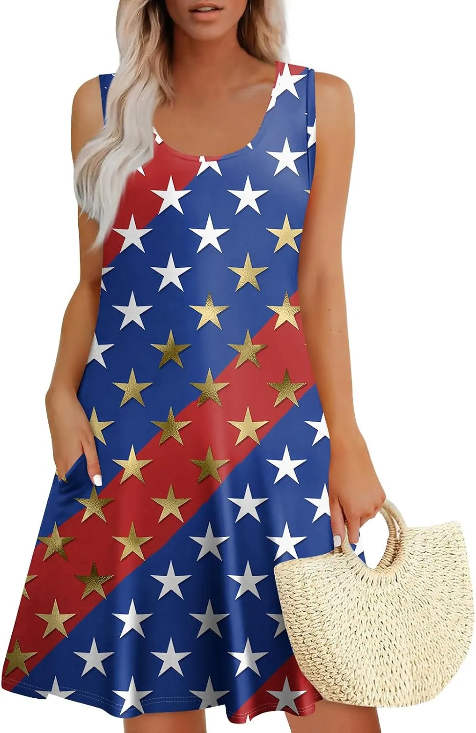 ADHOWBEW 4th of July Dresses for Women Sleeveless Sexy Memorial Days Patriotic O Neck American Flag Midi Dress with Pockets