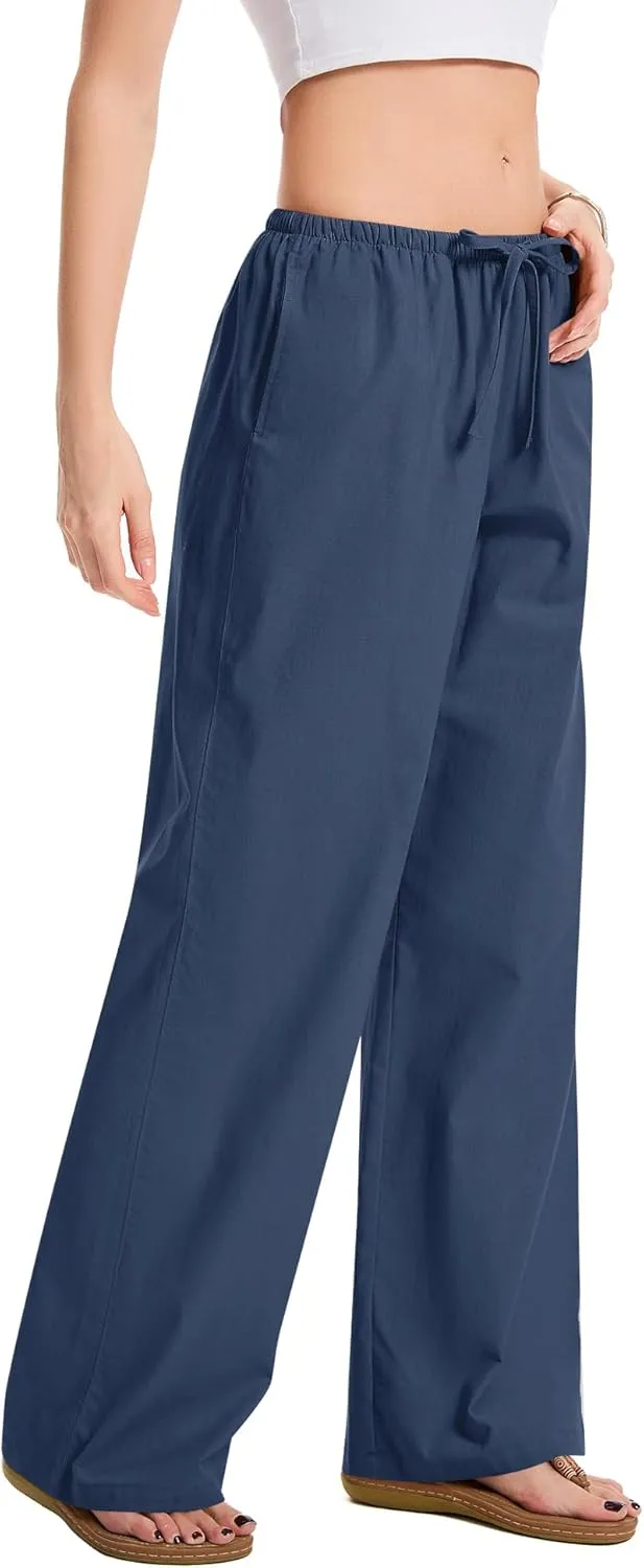 AKEWEI Women Cotton Linen Summer Palazzo Pants Drawstring Waist Wide Leg Lightweight Beach Trousers with Pockets