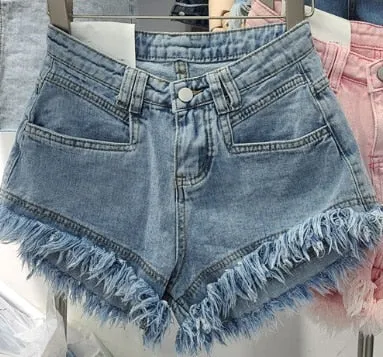 All-match Ripped Tassel Edge Wide Leg Denim Shorts