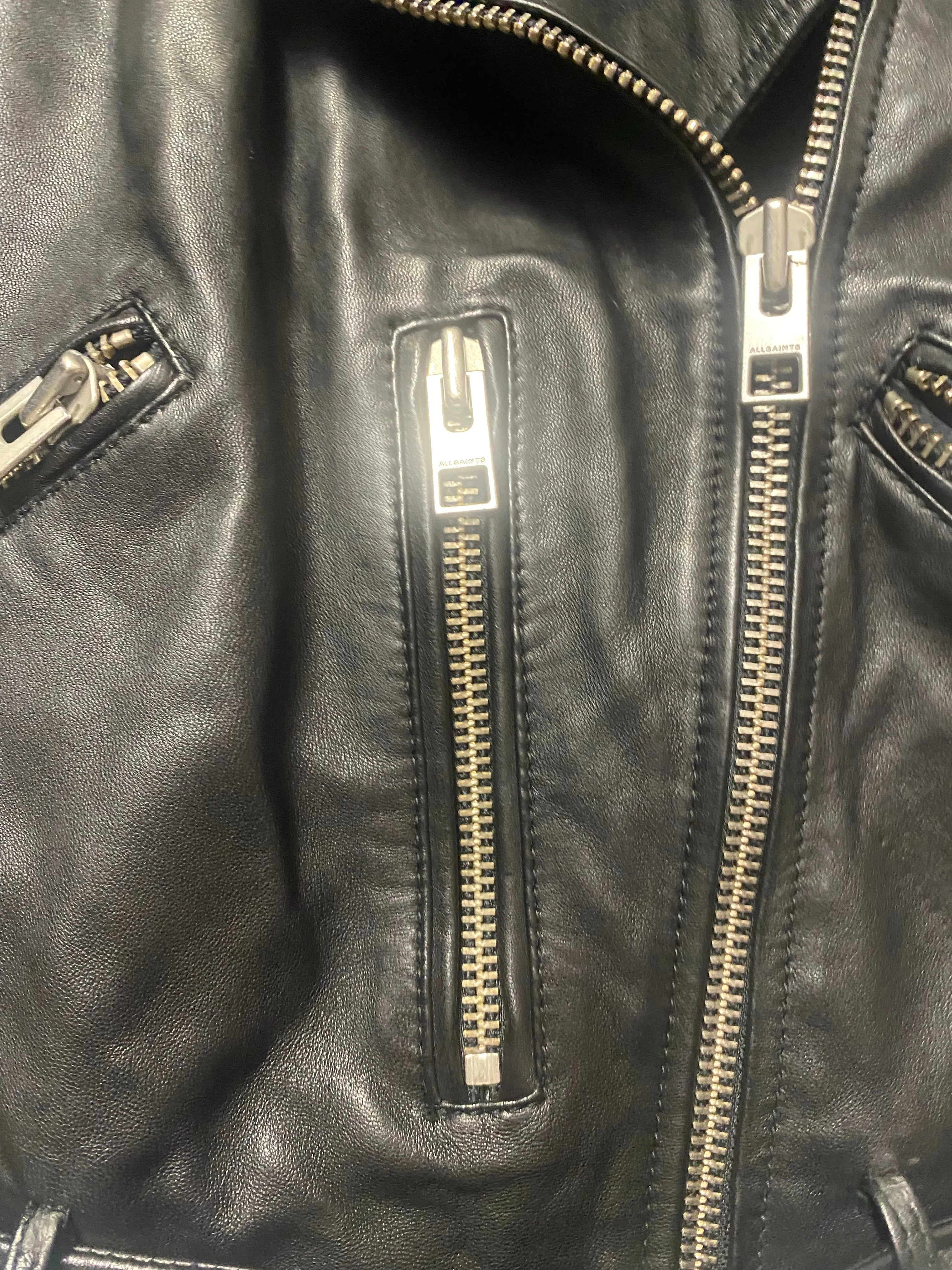 AllSaints Classic Black Leather Biker Jacket Size 8