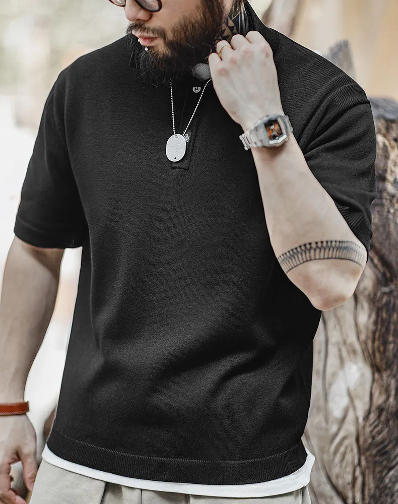 American Casual Lapel Knitted Polo Loose Breathable Men's T-Shirt