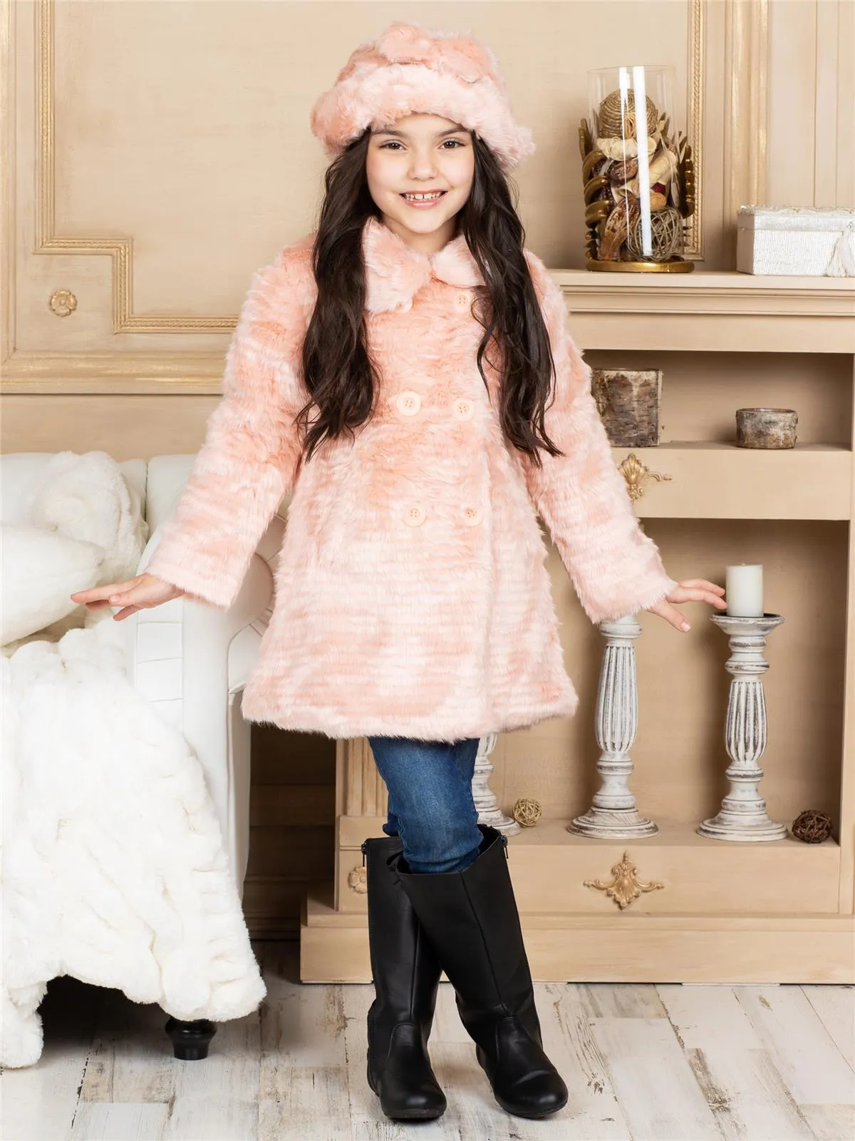 American Widgeon Double Breasted Faux Fur Coat, Mauve Pink
