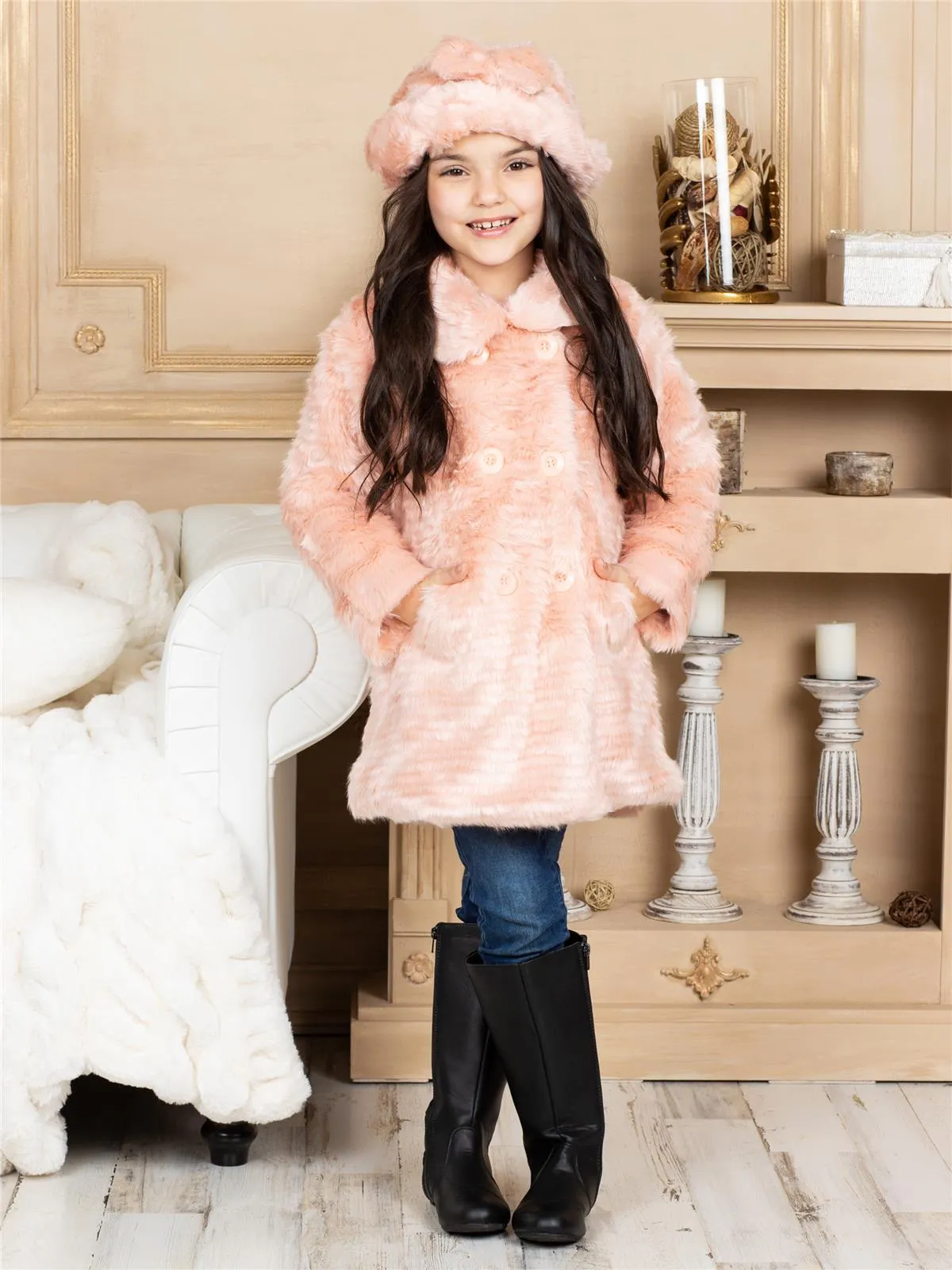 American Widgeon Double Breasted Faux Fur Coat, Mauve Pink