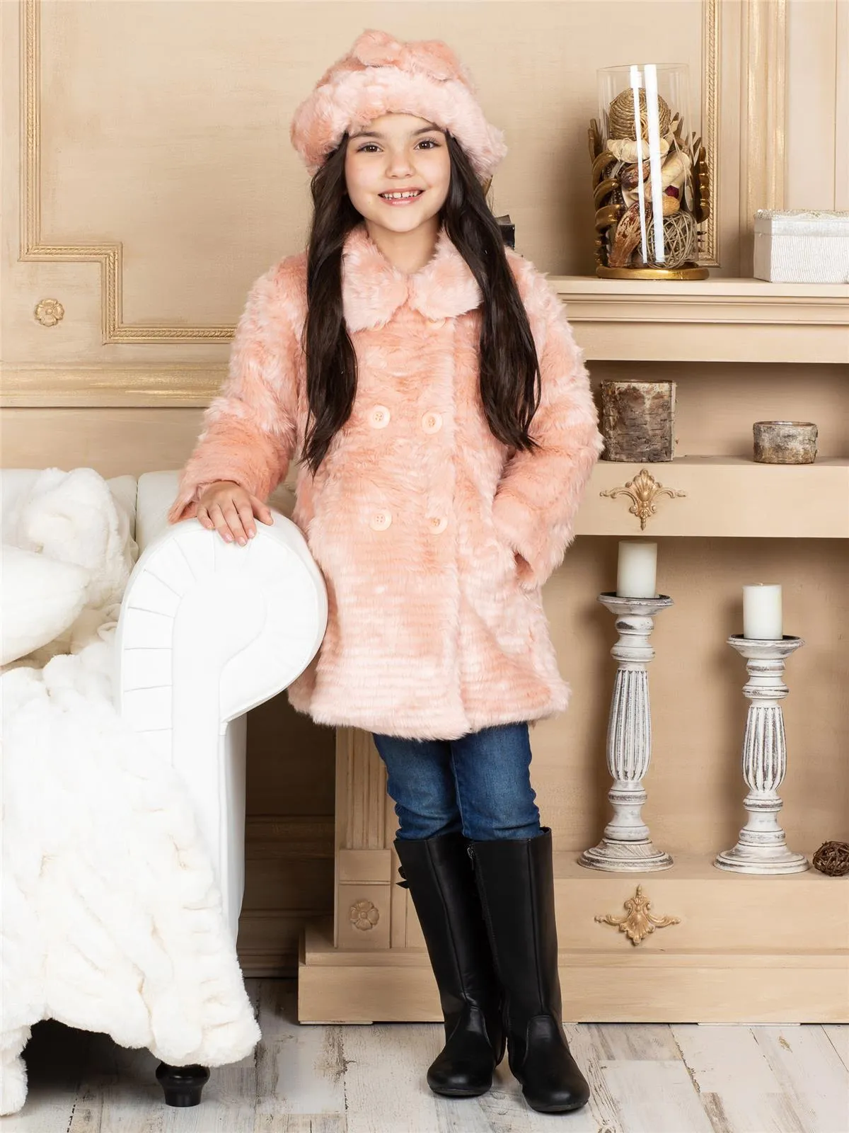 American Widgeon Double Breasted Faux Fur Coat, Mauve Pink