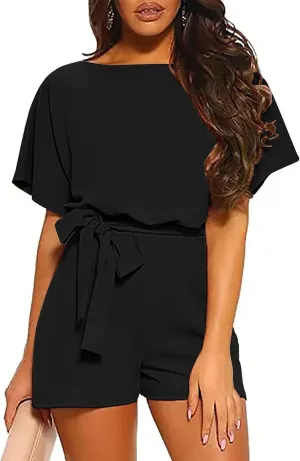 AUXDIO Womens Summer Casual Short Sleeve Belted Romper Shorts Jumpsuits Playsuit