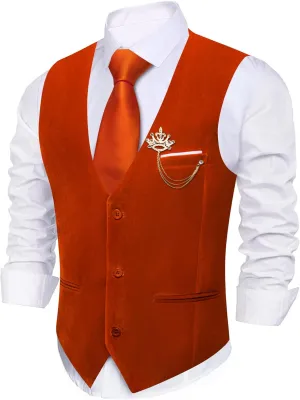 Barry.Wang Mens Velvet Vest V-neck 2 Pockets Gold Brooch Suit Waistcoat Set for Prom Wedding Party Dinner