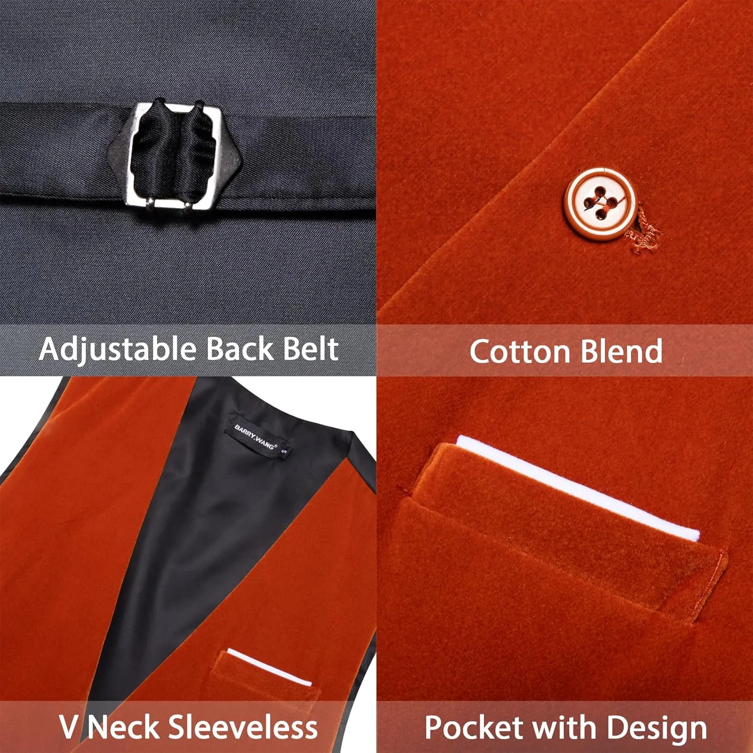 Barry.Wang Mens Velvet Vest V-neck 2 Pockets Gold Brooch Suit Waistcoat Set for Prom Wedding Party Dinner