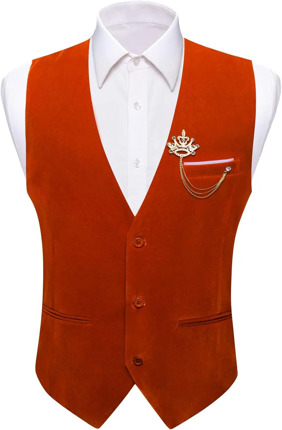 Barry.Wang Mens Velvet Vest V-neck 2 Pockets Gold Brooch Suit Waistcoat Set for Prom Wedding Party Dinner