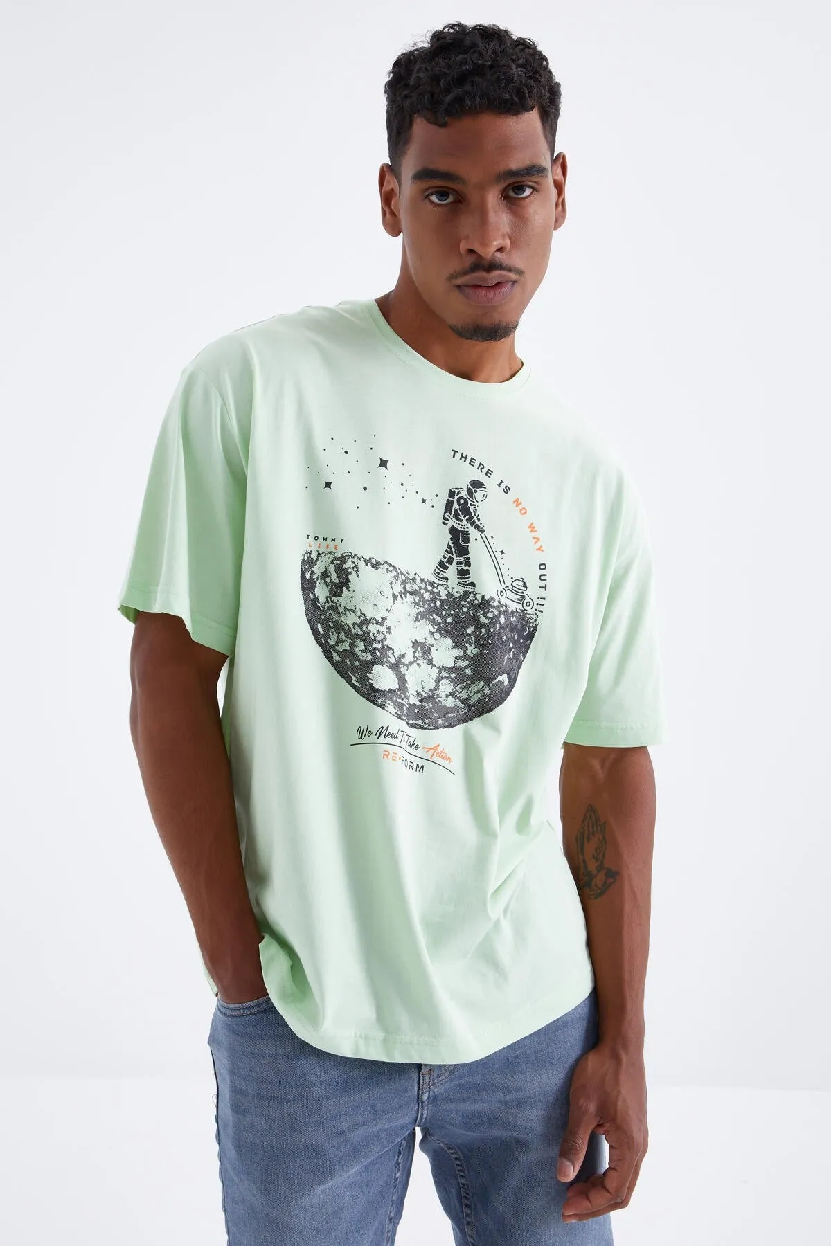 baskili o yaka erkek oversize t-shirt - 88098