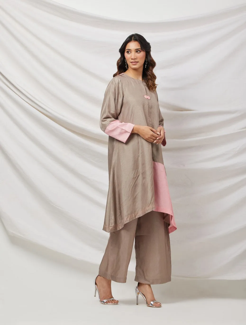 Beige & Pink Cotton Silk Tunic Set