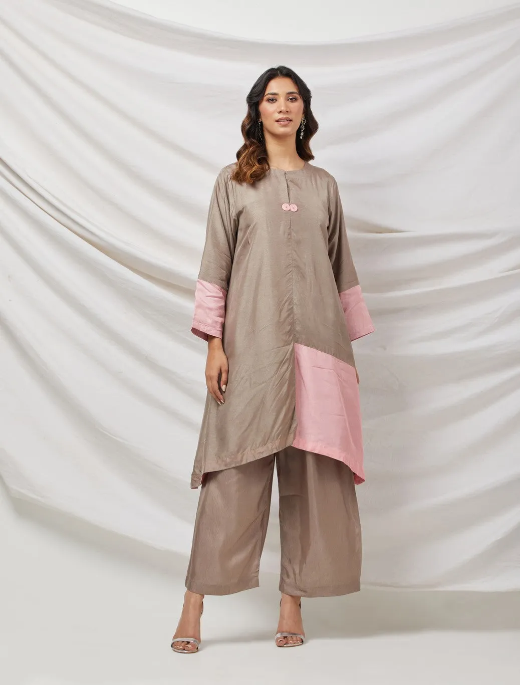 Beige & Pink Cotton Silk Tunic Set