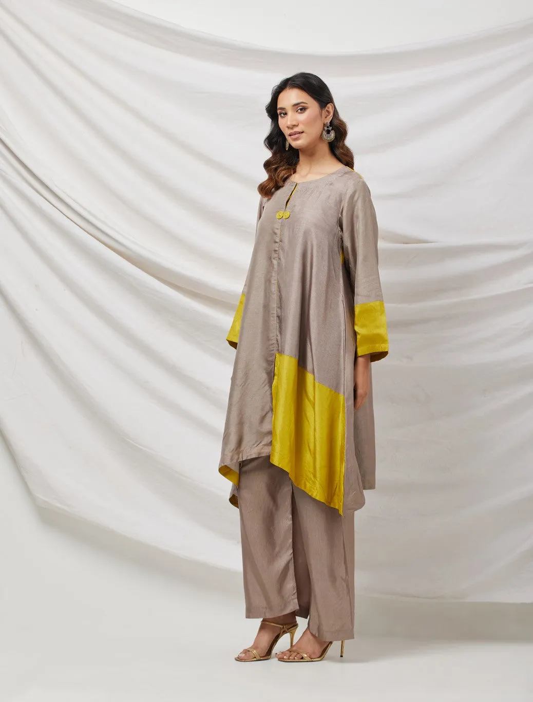 Beige &Yellow Cotton Silk Tunic Set