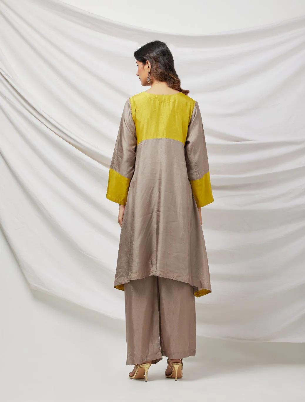 Beige &Yellow Cotton Silk Tunic Set