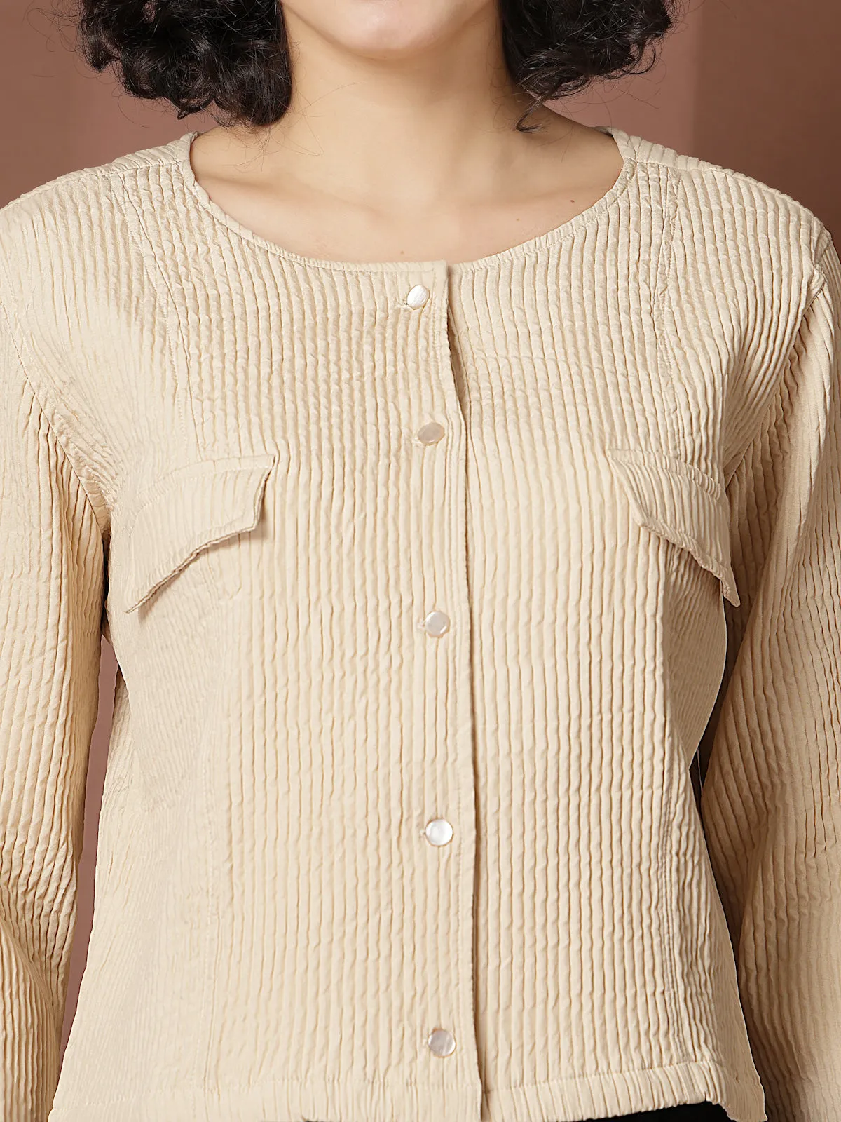 Beige collarless full sleeve Shirt